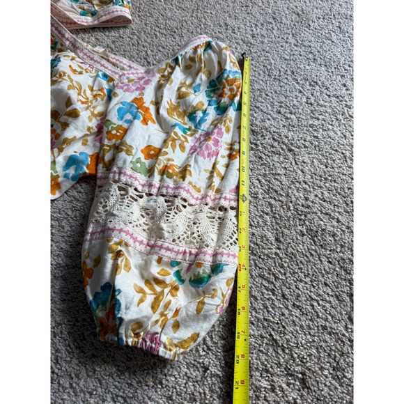 Floral Linen Blend Crochet Puff Sleeve Blouse XL Multicolor Fairycore boho - Picture 9 of 11